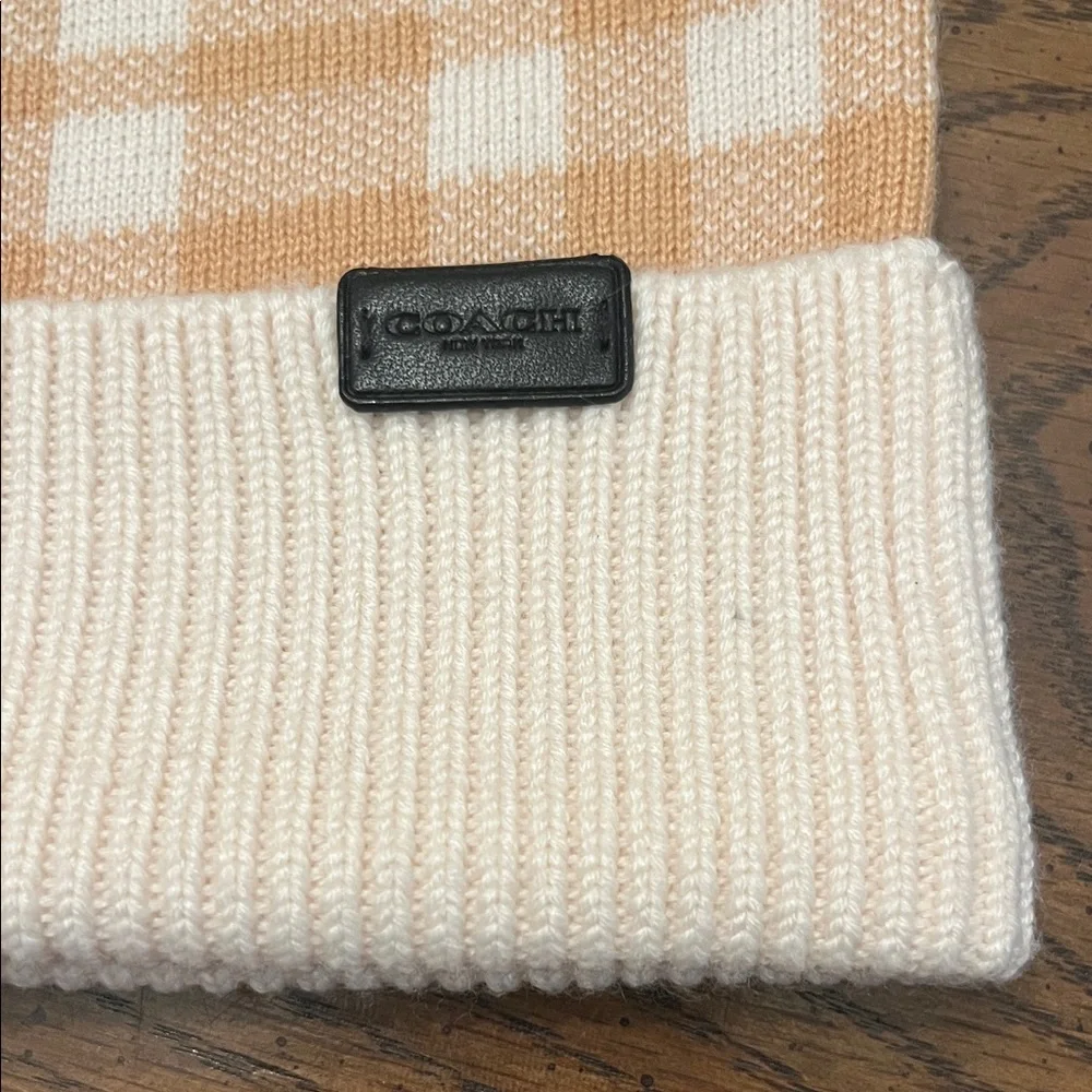 Coach Plaid‎ Beige and White Pom Pom Beanie